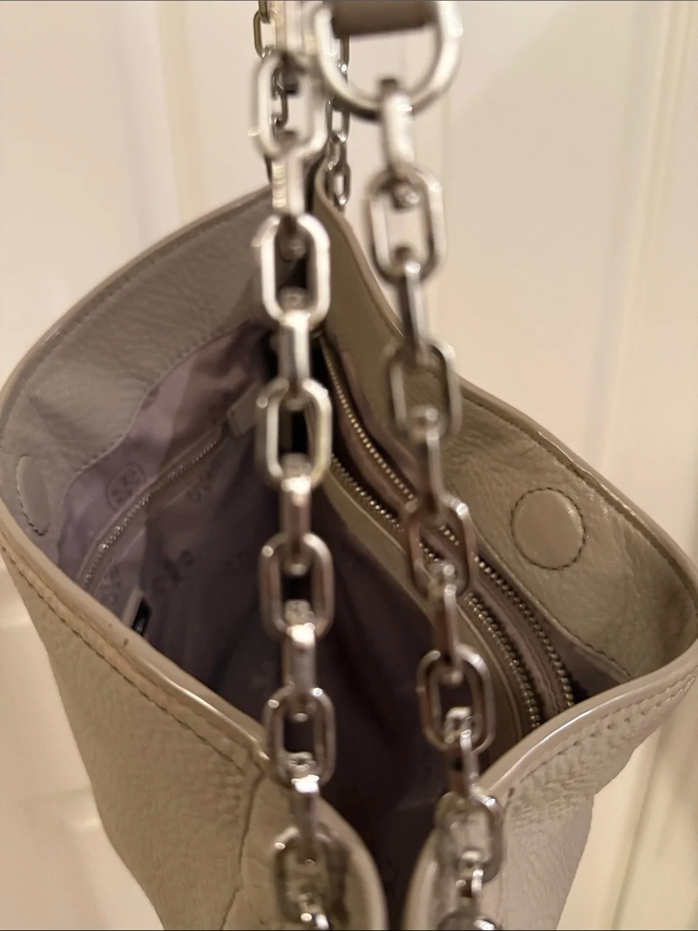 Tory Burch Taupe Pebbled Leather Shoulder Tote with Silver Chain